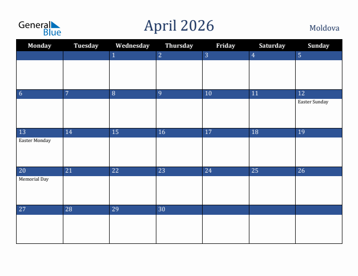 April 2026 Moldova Calendar (Monday Start)