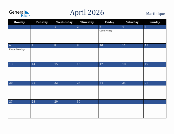 April 2026 Martinique Calendar (Monday Start)