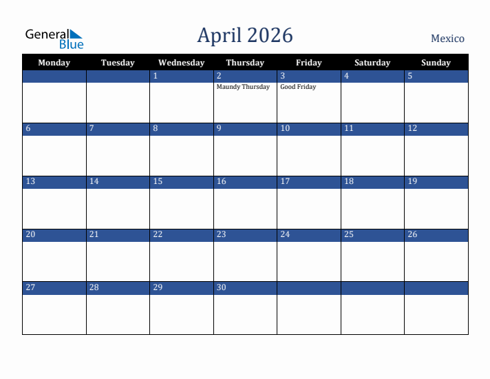 April 2026 Mexico Calendar (Monday Start)