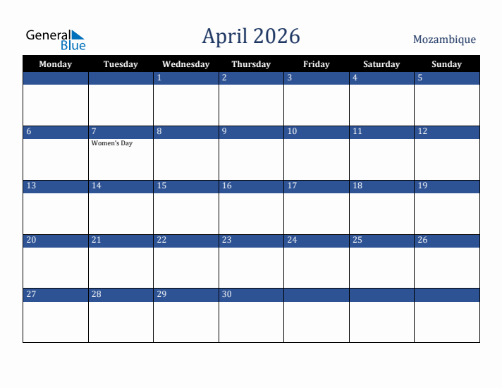 April 2026 Mozambique Calendar (Monday Start)
