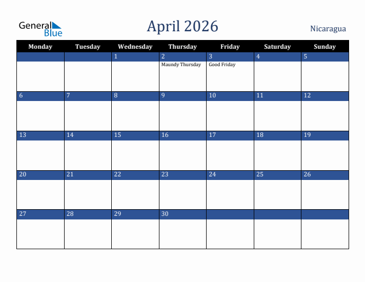 April 2026 Nicaragua Calendar (Monday Start)