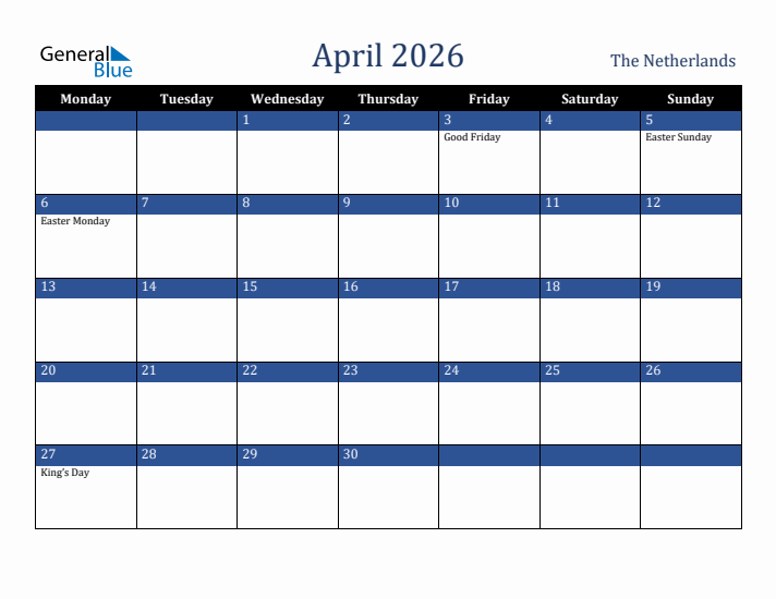 April 2026 The Netherlands Calendar (Monday Start)