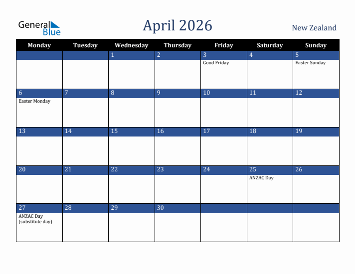 April 2026 New Zealand Calendar (Monday Start)