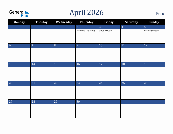 April 2026 Peru Calendar (Monday Start)