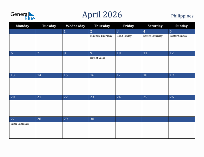 April 2026 Philippines Calendar (Monday Start)