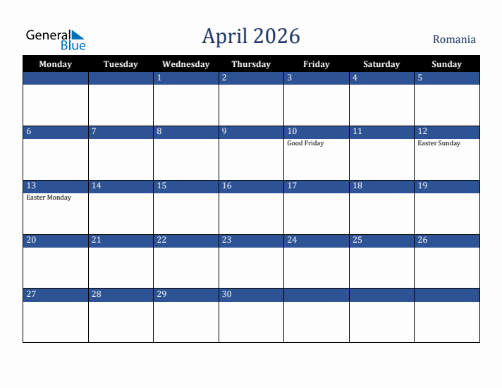 April 2026 Romania Calendar (Monday Start)