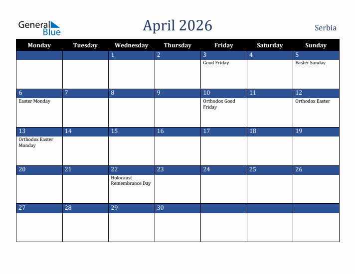 April 2026 Serbia Calendar (Monday Start)
