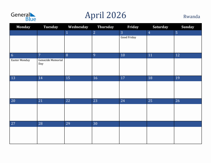April 2026 Rwanda Calendar (Monday Start)