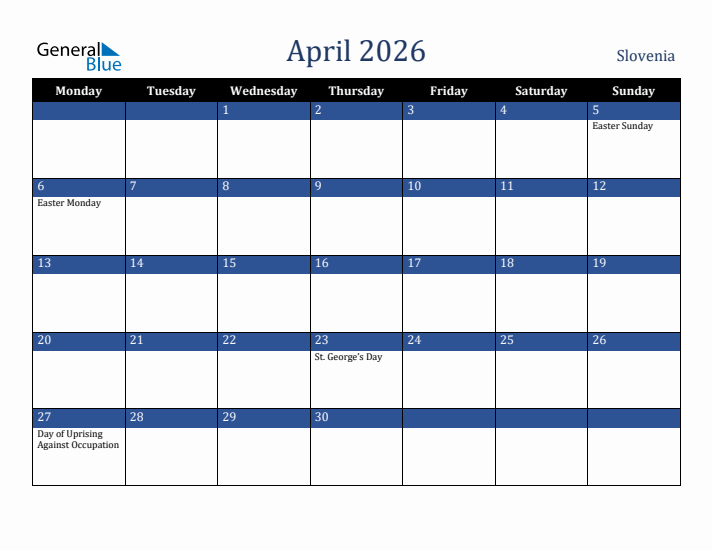April 2026 Slovenia Calendar (Monday Start)