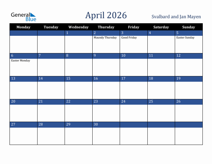 April 2026 Svalbard and Jan Mayen Calendar (Monday Start)