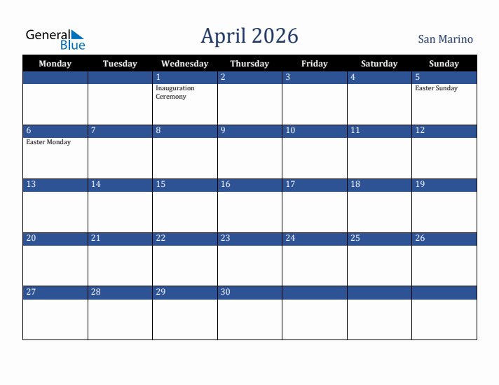 April 2026 San Marino Calendar (Monday Start)