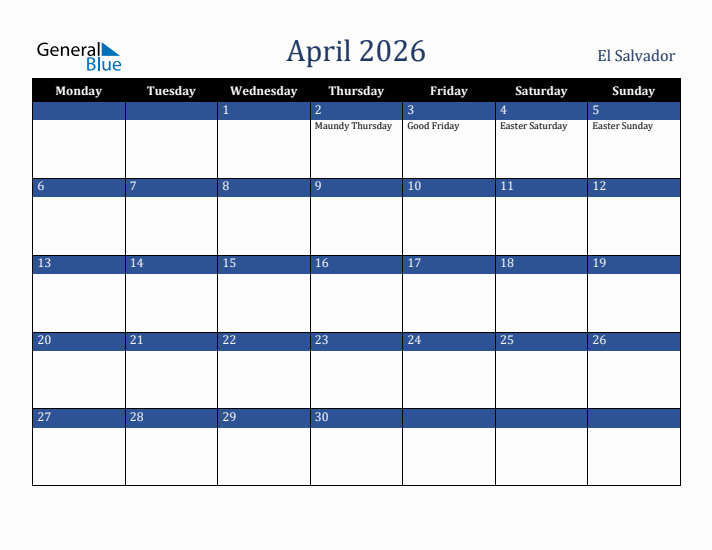 April 2026 El Salvador Calendar (Monday Start)