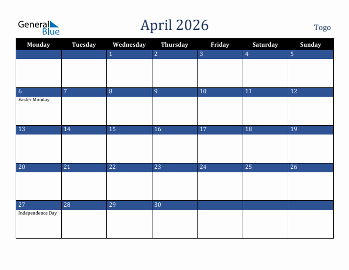 April 2026 Togo Calendar (Monday Start)