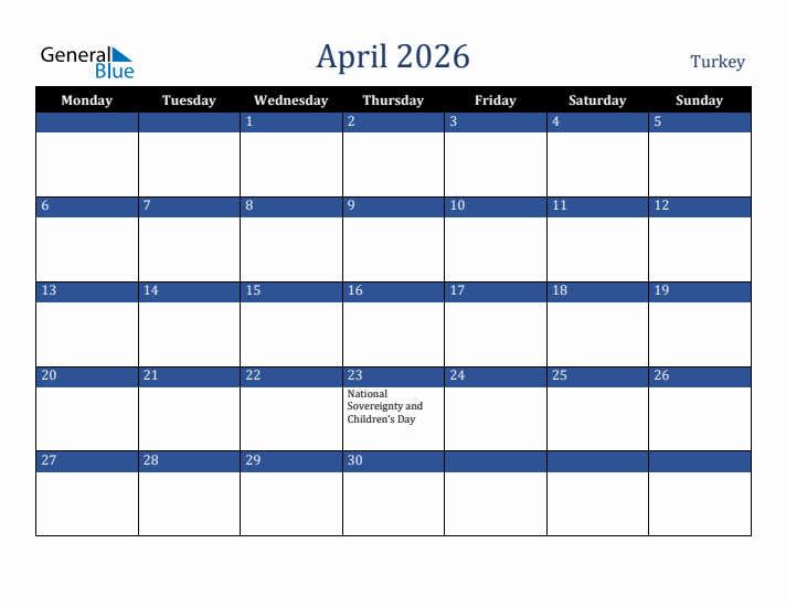 April 2026 Turkey Calendar (Monday Start)