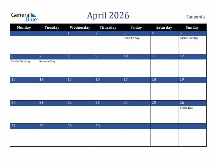 April 2026 Tanzania Calendar (Monday Start)