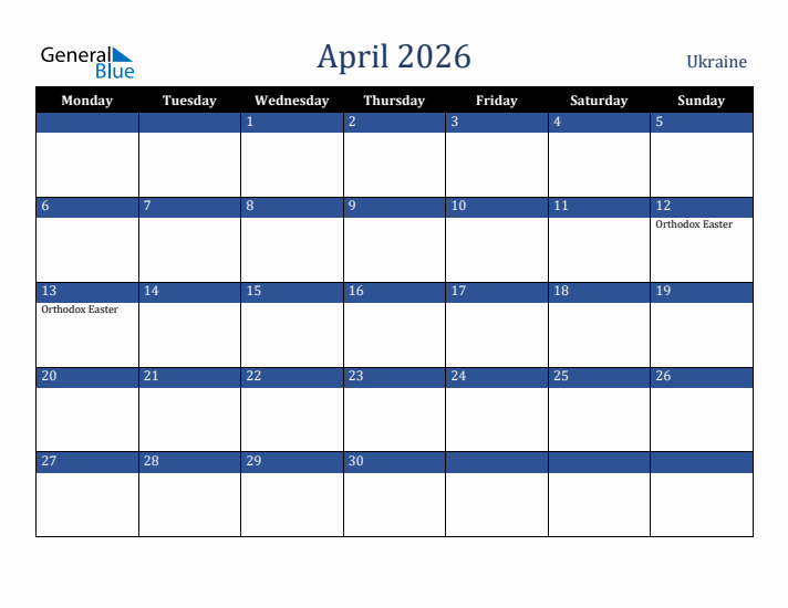 April 2026 Ukraine Calendar (Monday Start)