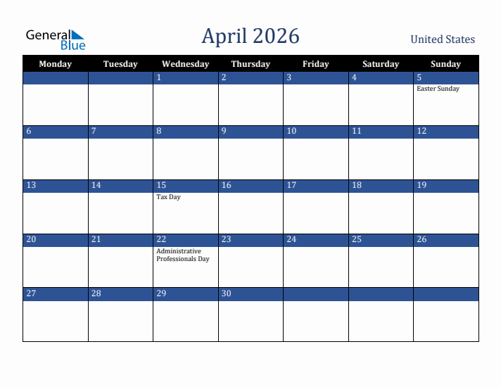 April 2026 United States Calendar (Monday Start)