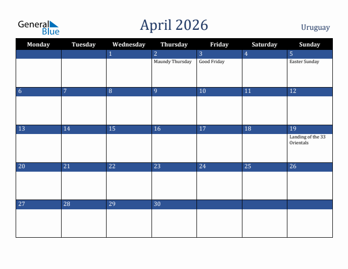 April 2026 Uruguay Calendar (Monday Start)