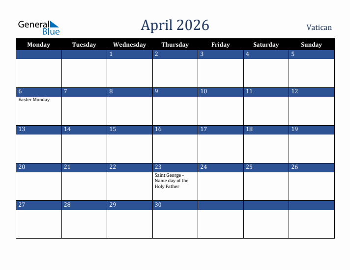 April 2026 Vatican Calendar (Monday Start)