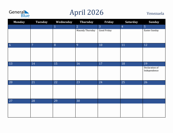 April 2026 Venezuela Calendar (Monday Start)