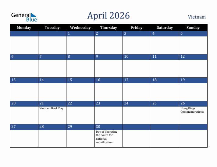 April 2026 Vietnam Calendar (Monday Start)