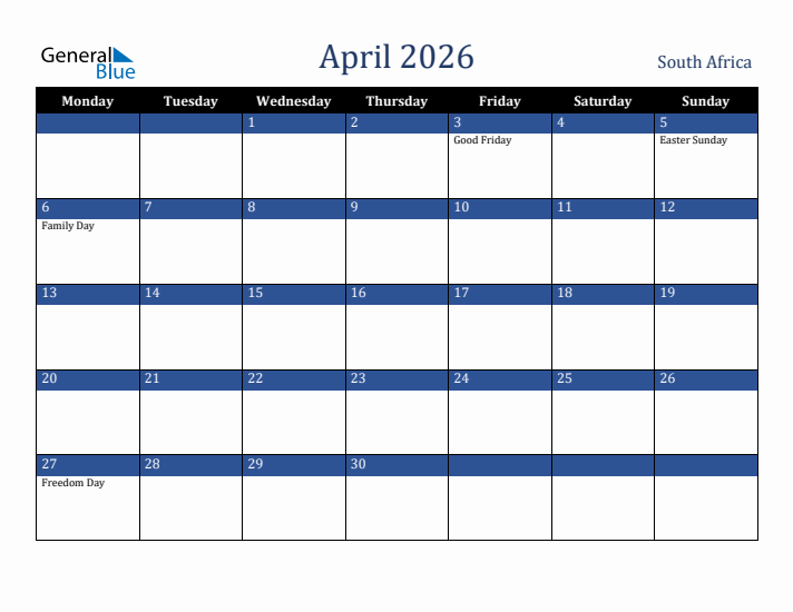 April 2026 South Africa Calendar (Monday Start)
