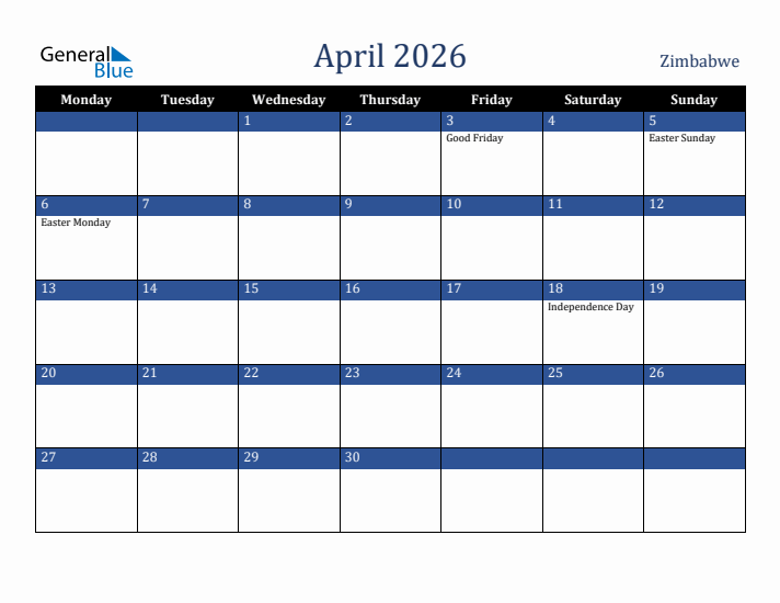 April 2026 Zimbabwe Calendar (Monday Start)