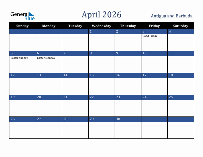 April 2026 Antigua and Barbuda Calendar (Sunday Start)