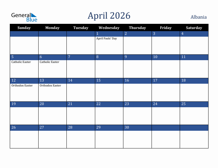April 2026 Albania Calendar (Sunday Start)