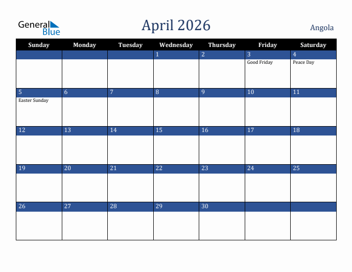 April 2026 Angola Calendar (Sunday Start)