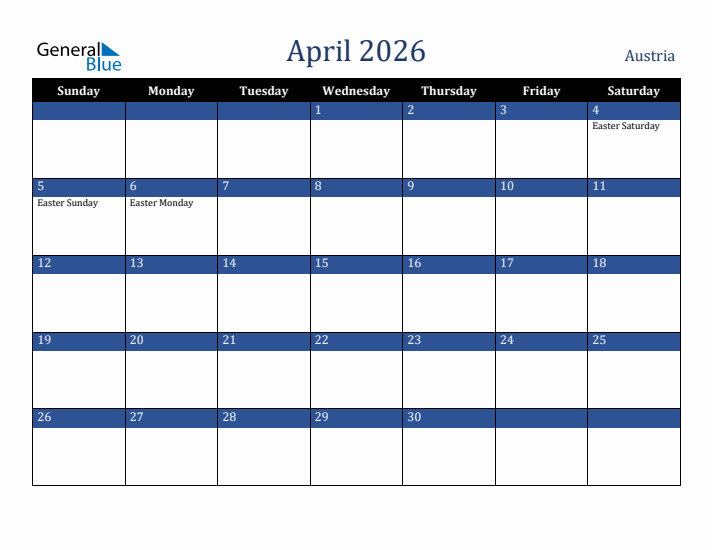 April 2026 Austria Calendar (Sunday Start)