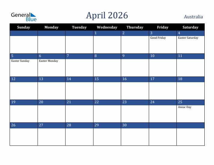 April 2026 Australia Calendar (Sunday Start)