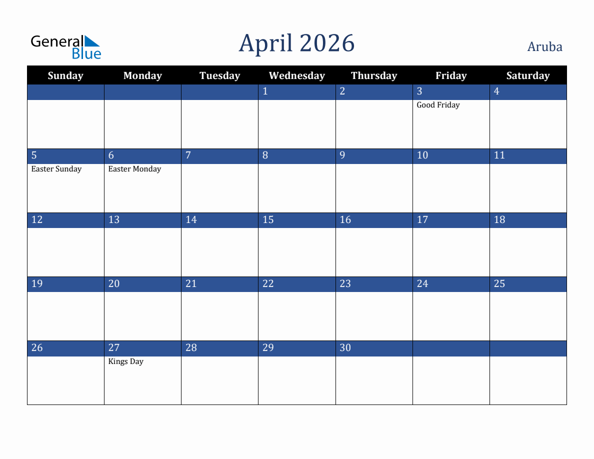 April 2026 Aruba Holiday Calendar