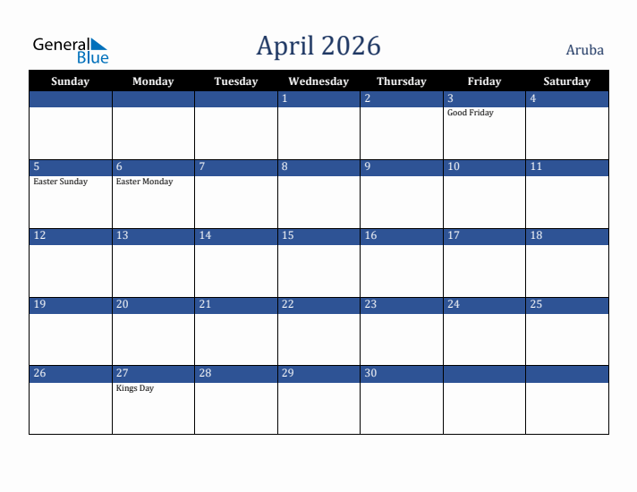 April 2026 Aruba Calendar (Sunday Start)
