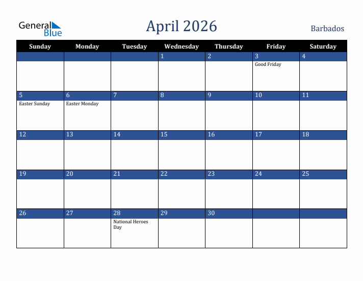 April 2026 Barbados Calendar (Sunday Start)