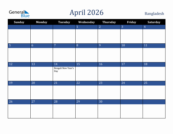 April 2026 Bangladesh Calendar (Sunday Start)