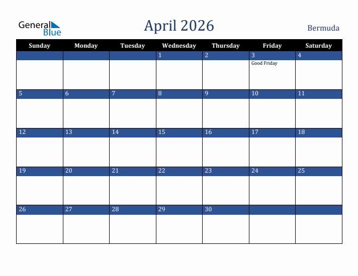 April 2026 Bermuda Calendar (Sunday Start)