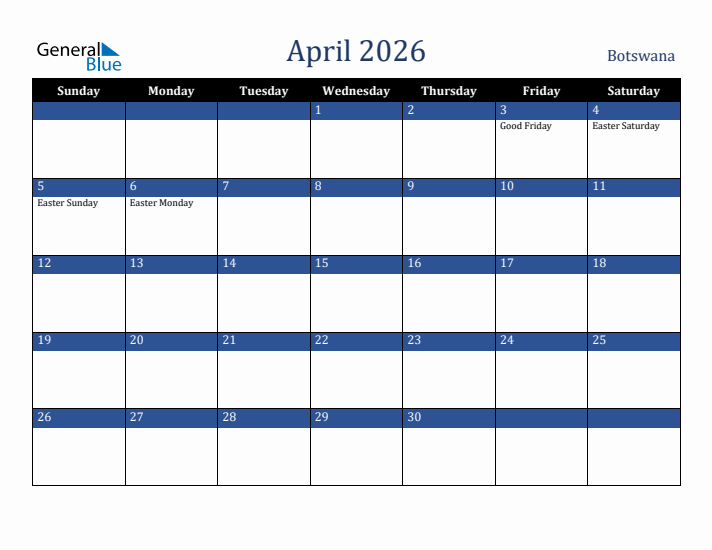 April 2026 Botswana Calendar (Sunday Start)