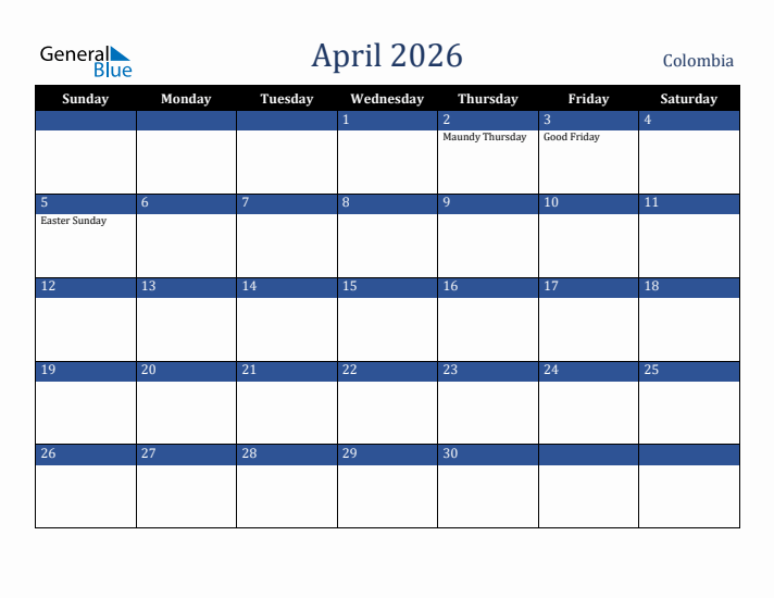 April 2026 Colombia Calendar (Sunday Start)