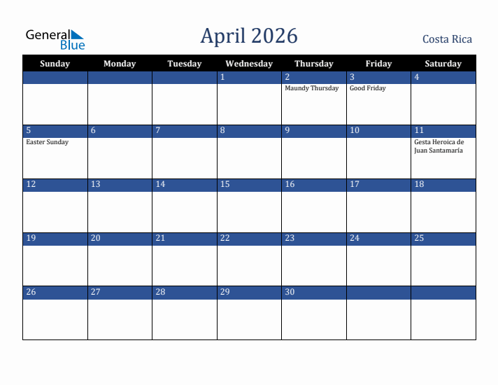 April 2026 Costa Rica Calendar (Sunday Start)