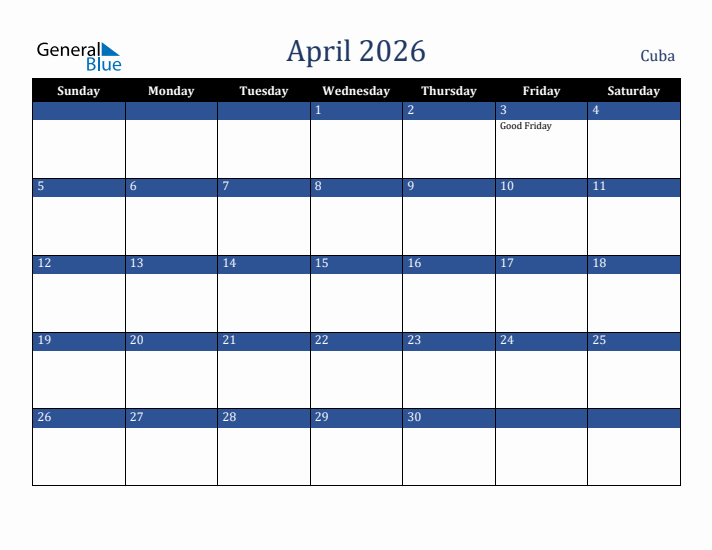 April 2026 Cuba Calendar (Sunday Start)