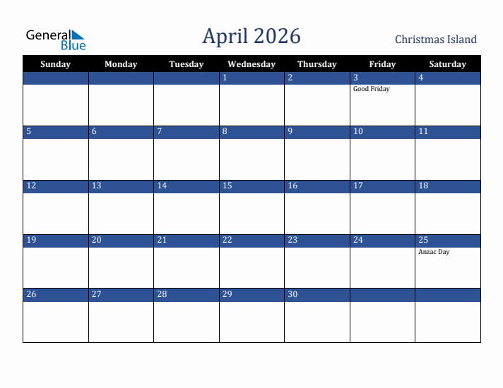 April 2026 Christmas Island Calendar (Sunday Start)