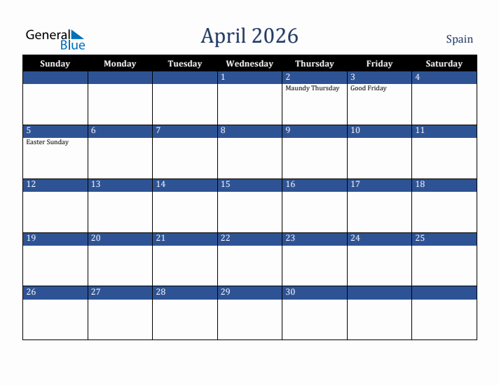 April 2026 Spain Calendar (Sunday Start)