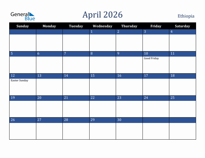 April 2026 Ethiopia Calendar (Sunday Start)