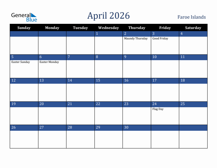 April 2026 Faroe Islands Calendar (Sunday Start)