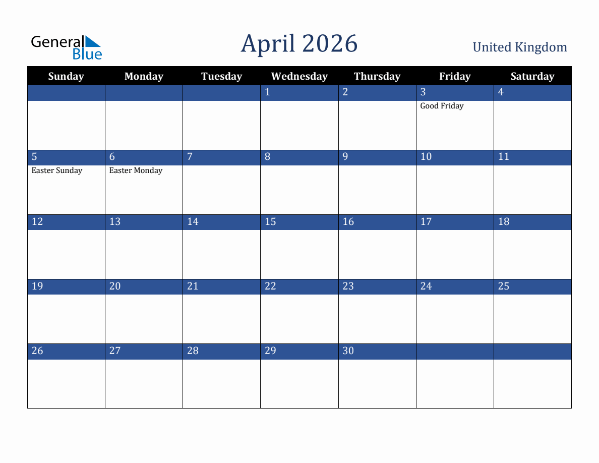 April 2026 United Kingdom Holiday Calendar