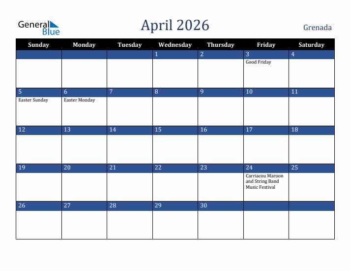 April 2026 Grenada Calendar (Sunday Start)