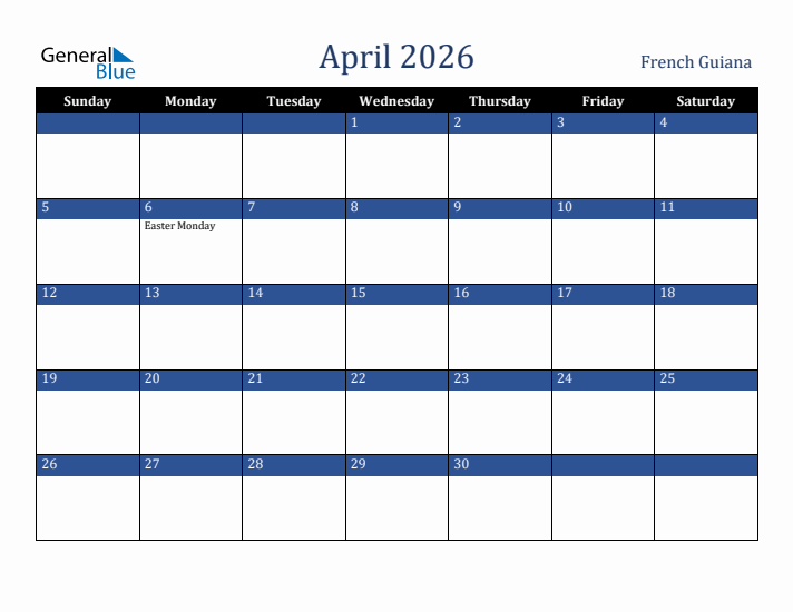 April 2026 French Guiana Calendar (Sunday Start)