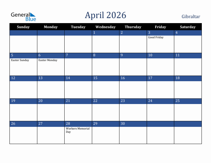 April 2026 Gibraltar Calendar (Sunday Start)