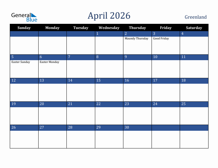 April 2026 Greenland Calendar (Sunday Start)